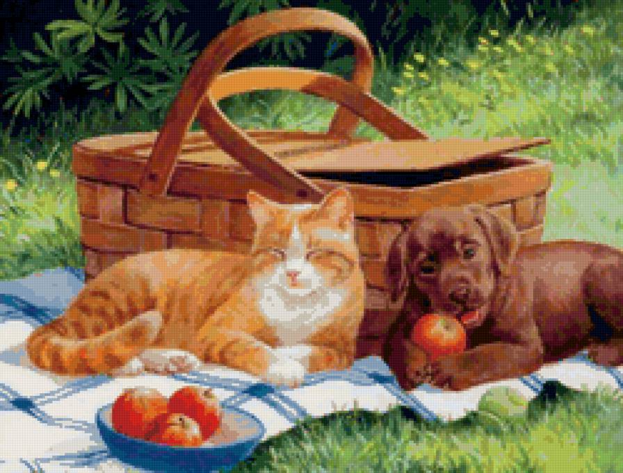 Серия КОШКИ. Живопись. - животные, кошка, двое, дружба, сон, собака - предпросмотр