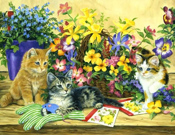 Серия КОШКИ. Живопись. - цветы, котенок, животные, кошка - оригинал