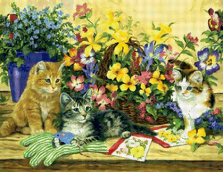 Серия КОШКИ. Живопись. - животные, цветы, котенок, кошка - предпросмотр