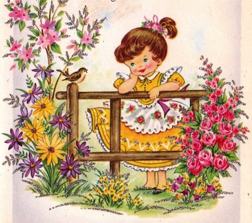 Девочка в саду - ретро, сад, красота, детки, девочка, мальва, палисадник, цветы - оригинал