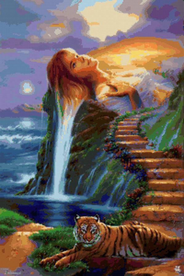 Девушка-водопад - фэнтези, природа, фантазия, тигр, берег, девушка, водопад - предпросмотр