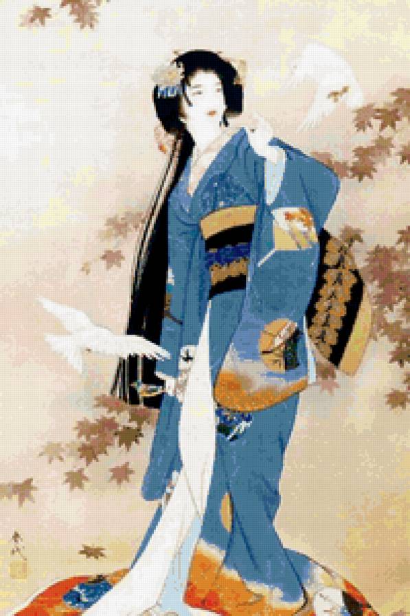 Гейша и голуби - красота женщины, гейша, искусство китая, девушка, краса азии - предпросмотр