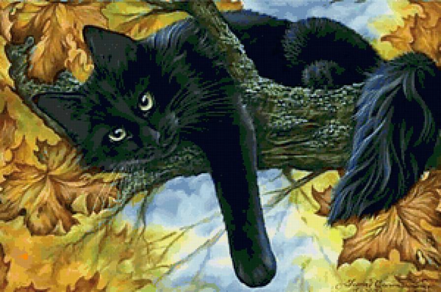 черный кот на дереве - ветка, кот, дерево - предпросмотр