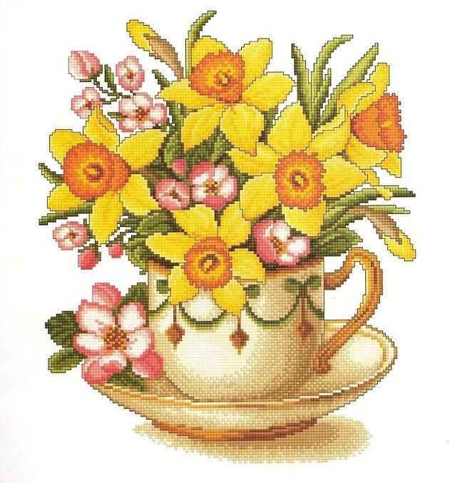 Нарциссы в чашке - нарциссы, цветы, подушка, букет - оригинал