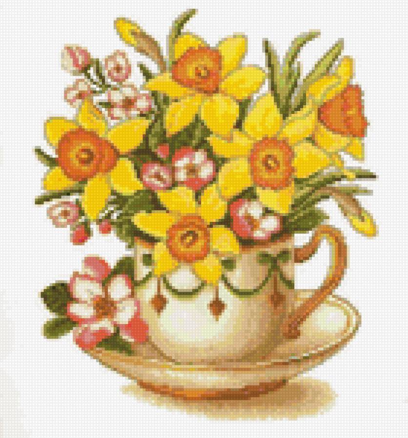 Нарциссы в чашке - подушка, цветы, букет, нарциссы - предпросмотр