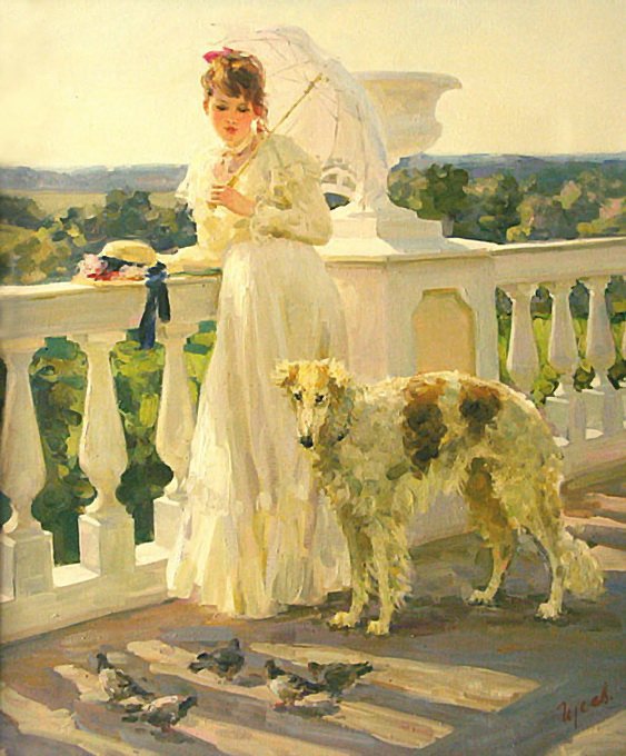 утро - собока, живопись, девушка, животные - оригинал