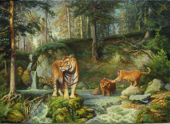 живопись - лес, река, тигры - оригинал