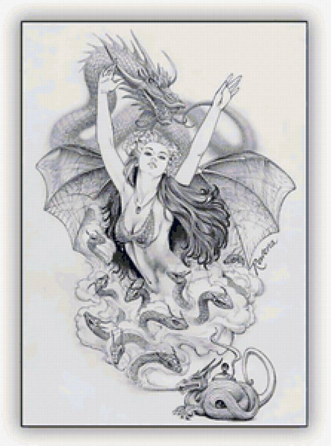 фентези - дракон, карандаш, девушка, образ, черно-белое - предпросмотр