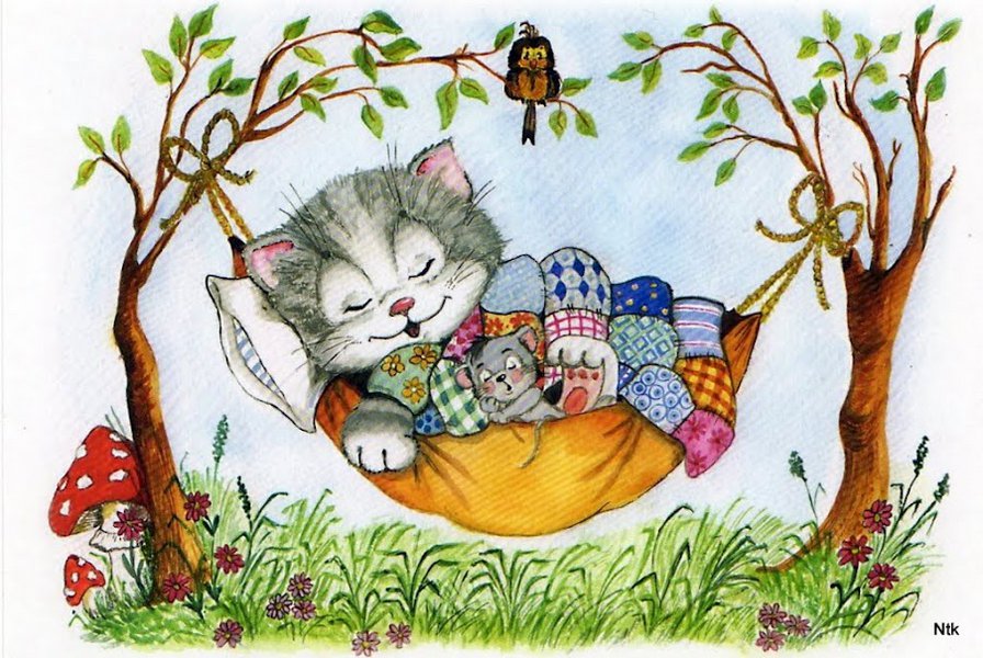 Сладкие сны - животные, деткам, котик, коты, птички, сладкие сны, кошка, цветы - оригинал