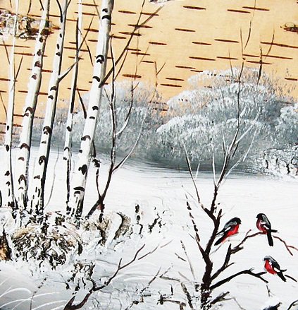 Зимняя картина - зима, птички, снег, природа, снегири, зимняя картина, пейзаж - оригинал
