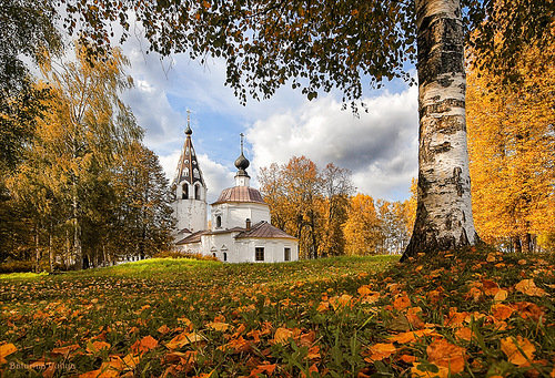 Осенний пейзаж - небо, листья, церковь, осень, деревья, лес, архитектура - оригинал