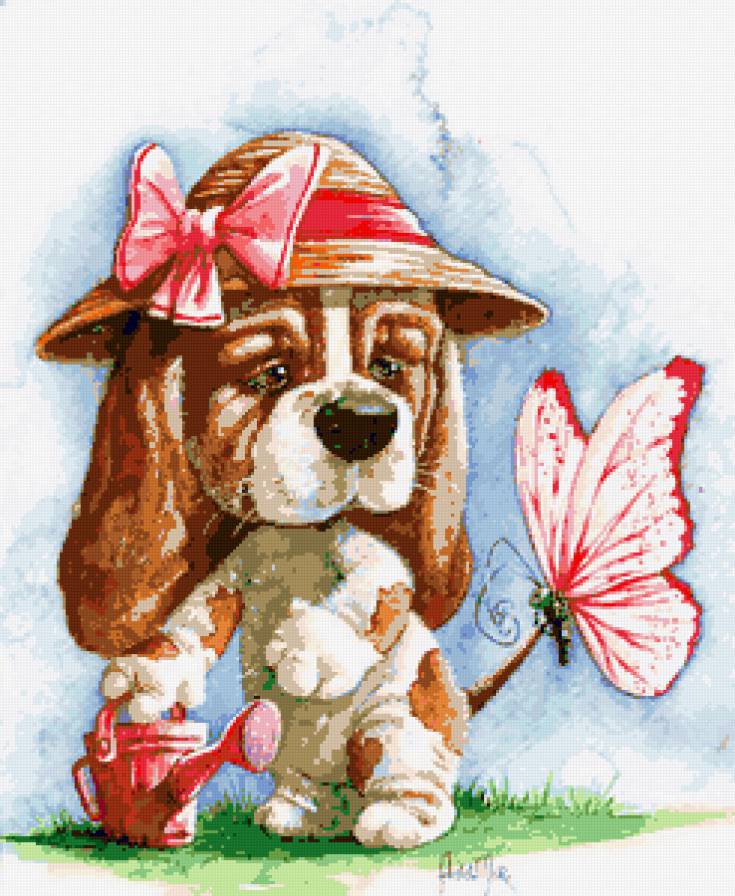 Пёсик и бабочка - лето, собачка, животные, детям, собака, цветы, собаки, бабочка - предпросмотр