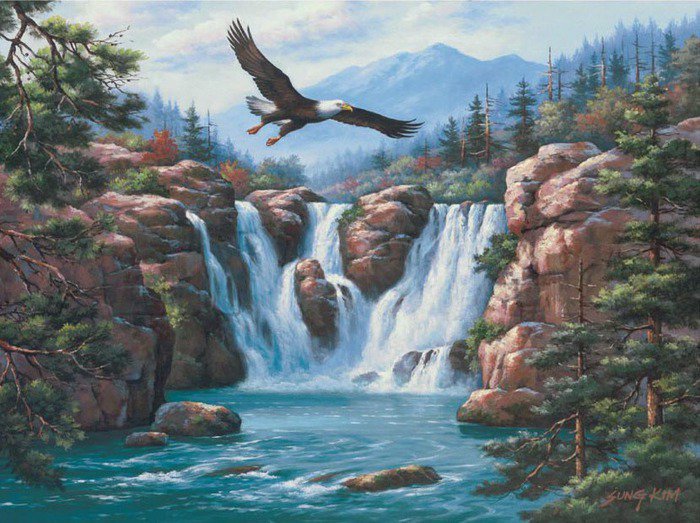 Орёл над водопадом - орел, горы, птицы, водопад, природа - оригинал