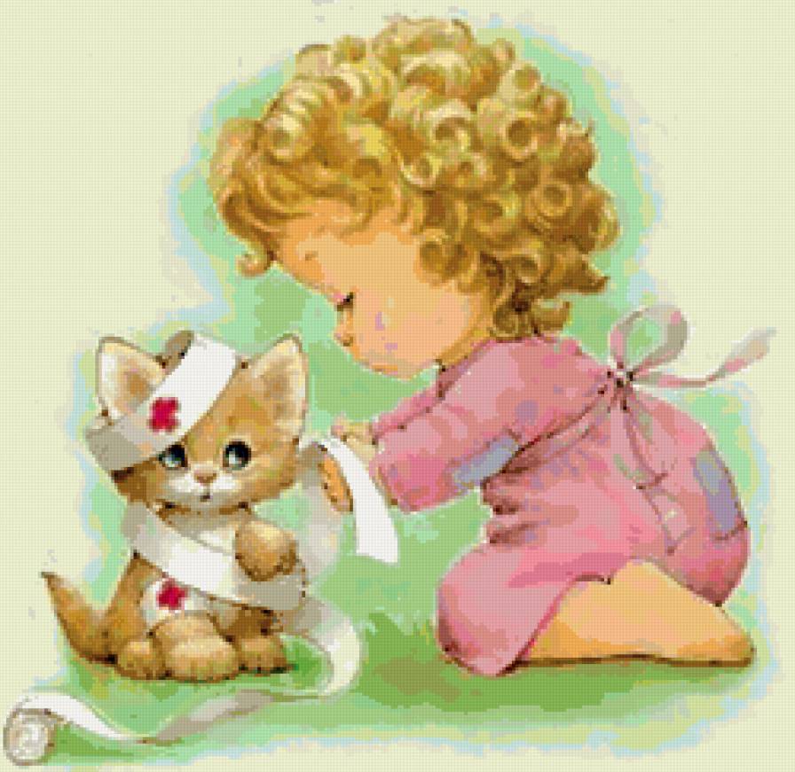 Девочка и котенок - животные, дети, живопись - предпросмотр