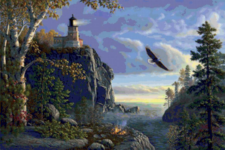 Орёл и маяк - пейзаж, море, природа, орел, птицы, маяк - предпросмотр