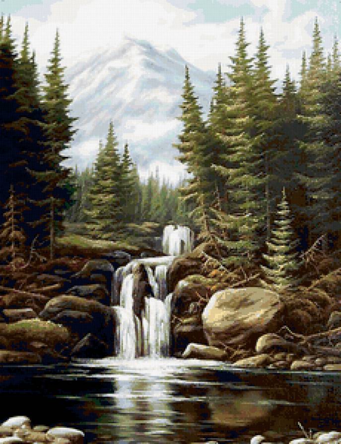 Горный пейзаж - горы, водопад, пейзаж, река - предпросмотр