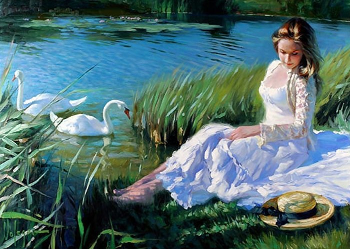 Девушка у пруда - на берегу, девушка, трава, лебеди, природа, вода, пейзаж, пруд - оригинал