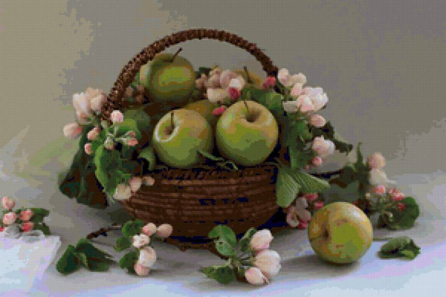 Яблоки в корзине - цветы, корзина, фрукты, натюрморт, яблоки - предпросмотр