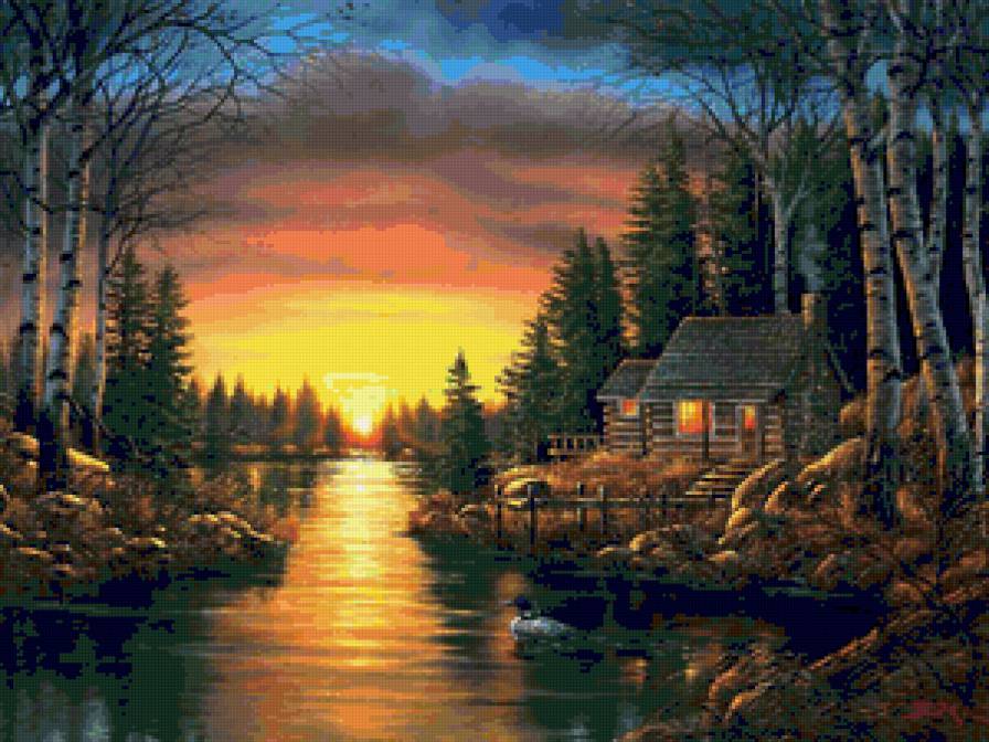 Закат - природа, домик, речка, закат, пейзаж, вечер, вода, лес - предпросмотр