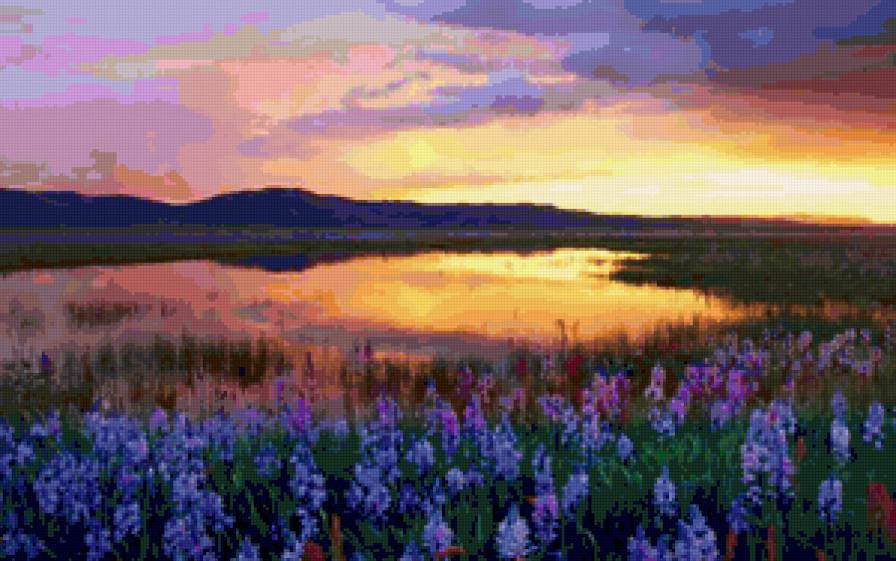 Полевые цветы - пруд, цветы, поле, пейзаж, горы, вечер, природа, закат - предпросмотр