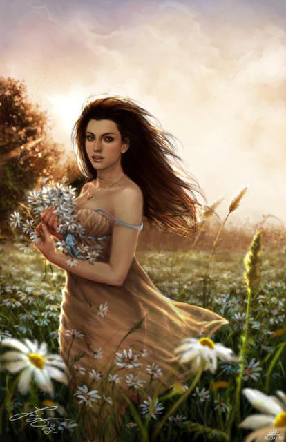 Девушка с цветами - природа, цветы, пейзаж, трава, девушка - оригинал