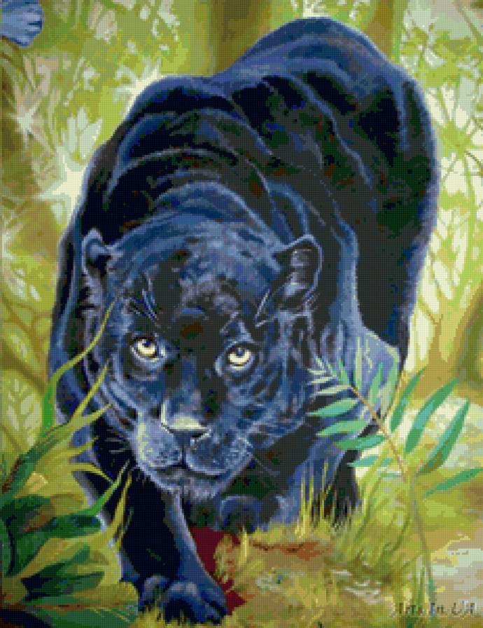 Джунгли. Фрагмент - дикие хищные кошки, пантера, настенная роспись, кошки, животные - предпросмотр