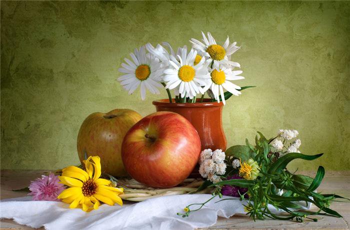натюрморт - яблоки, ромашки, фрукты, натюрморт, цветы - оригинал