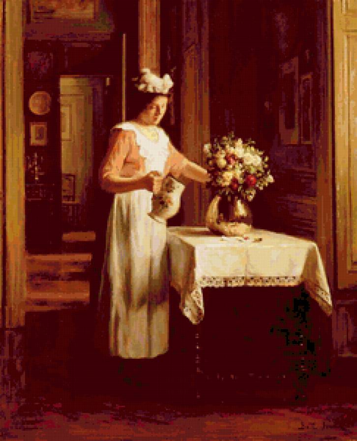 Служанка, поливающая цветы - картина, служанка, девушка, женщина, бейл, цветы - предпросмотр