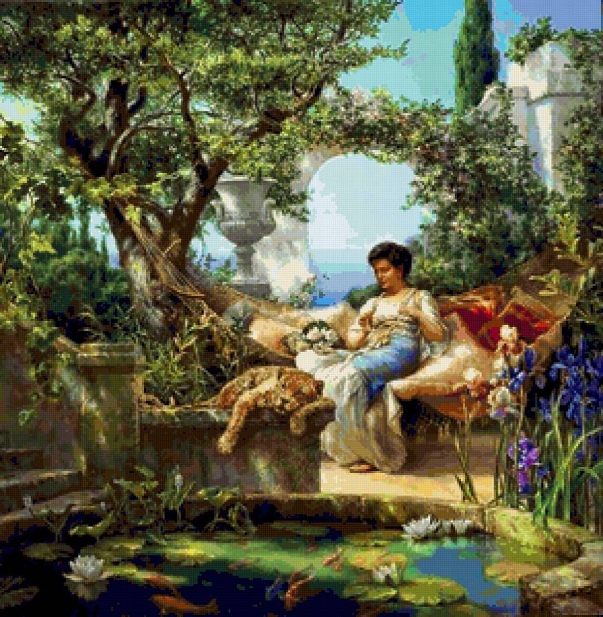 отдых в саду - женщина, гепард, цветы - предпросмотр