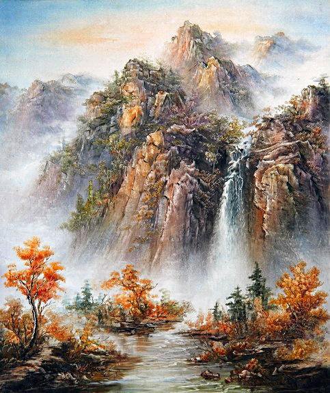 Водопад - картина, китайская живопись, горы, вода, восток - оригинал