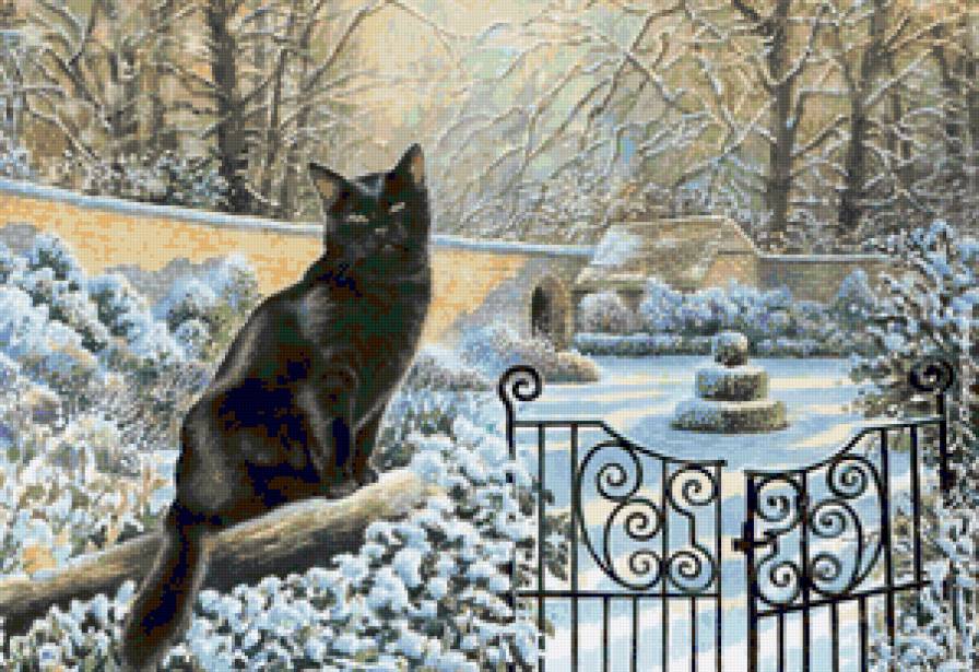 Зимний кот - кот, пейзаж, снег, кошка. животные, зима, кошки, коты - предпросмотр