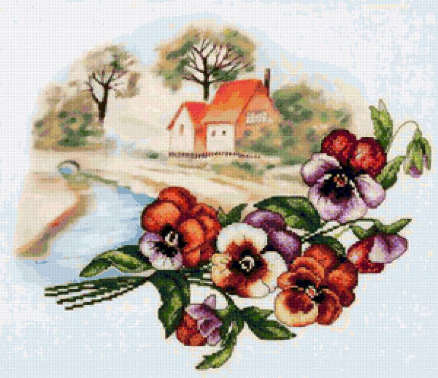 пейзаж с анютками - цветы, сад, домик, пейзаж, виола, домики, анюины глазки - предпросмотр