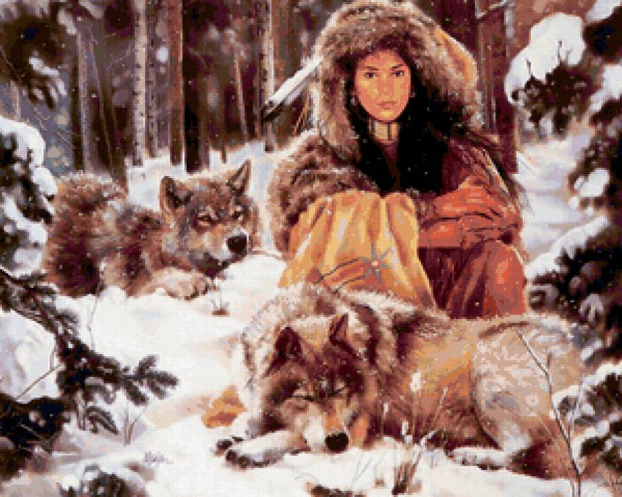 девушка и волки - индейцы, волк, зима, девушки, женщина, образ, индейка - предпросмотр