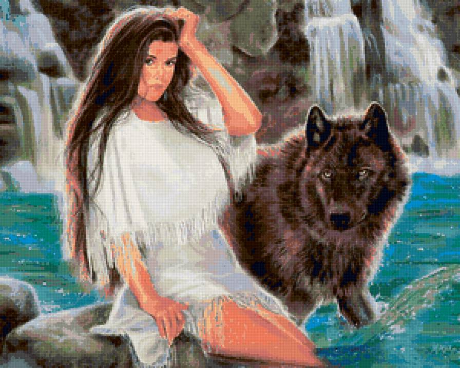 девушка и волк - индейцы, образ, индейка, девушки, водопад, женщина - предпросмотр