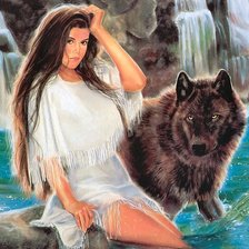 Оригинал схемы вышивки «девушка и волк» (№89708)