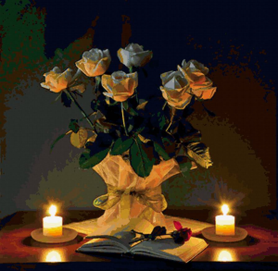Вечер при свечах - ваза, натюрморт, букет, розы, цветы, свечи, картина - предпросмотр