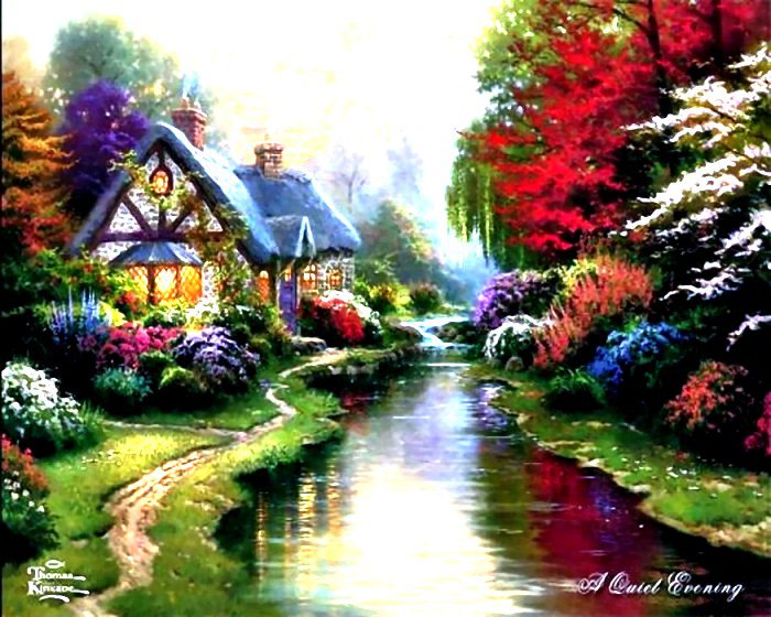 Домик - дом, томас кинкейд, цветы, сказка, пейзаж - оригинал