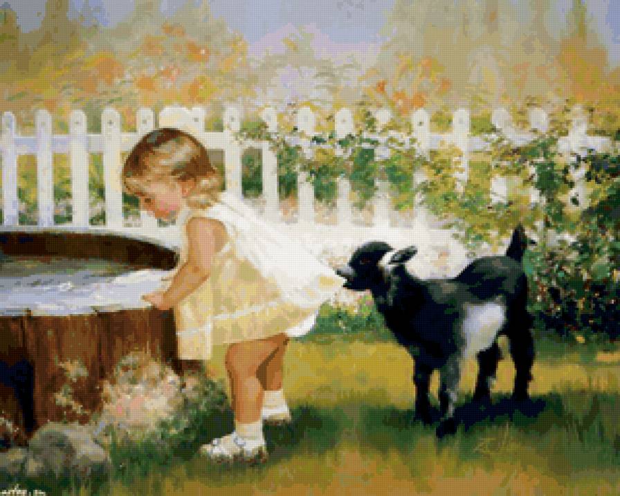 друзья - живопись, картина, животные, дети - предпросмотр