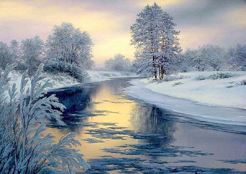 Зимний пейзаж - пейзаж, вечер, снег, закат, природа, зима, речка, зимний пейзаж - оригинал