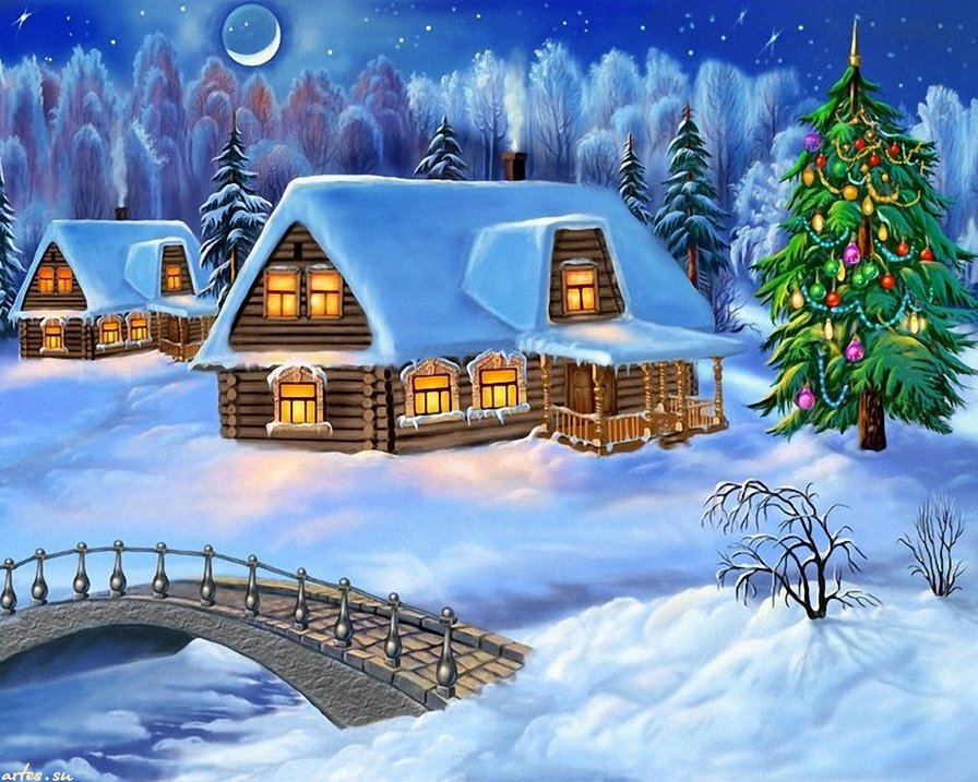 Домик и ёлочка - домик, мост, ночь, елка, снег, новый год, зима, зимний пейзаж - оригинал
