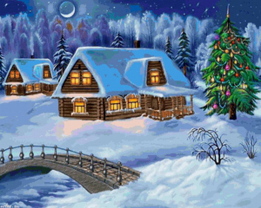 Домик и ёлочка - зимний пейзаж, домик, зима, новый год, ночь, мост, елка, снег - предпросмотр