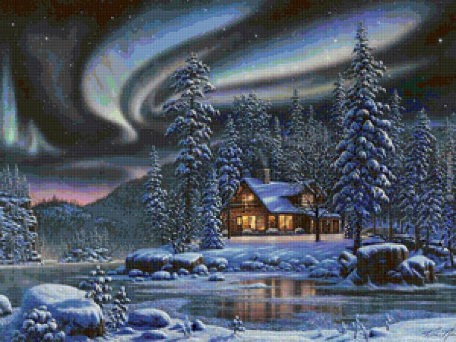 Полярная ночь - снег, река, горы, полярная ночь, домик, ночь, звезды, зима, лес - предпросмотр