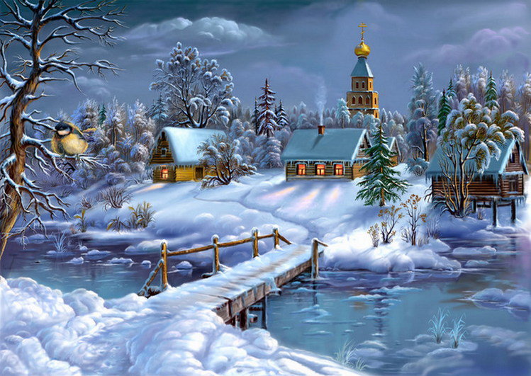 Зимний пейзаж - мост, домик, вечер, природа, ночь, зимний пейзаж, зима, снег - оригинал