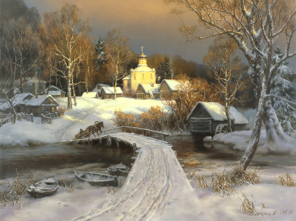 Пейзаж - лошади, деревня, домик, мост, зимний пейзаж, снег, вечер, зима - оригинал