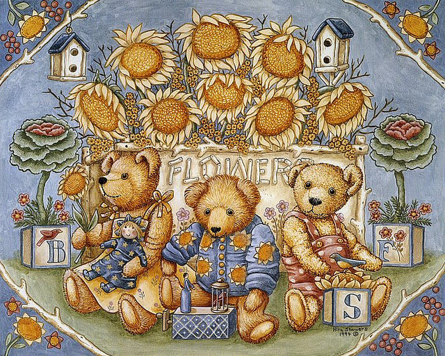 Медвежта - открытка, медвежата, цветы, животные - оригинал