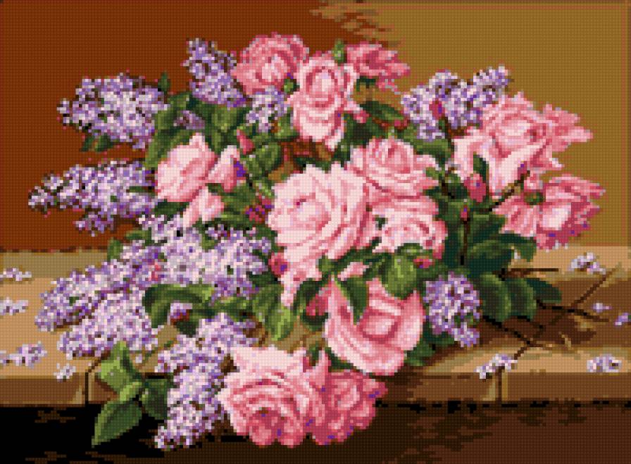 Натюрморт с розами и сиренью. - розы, сирень, натюрморт - предпросмотр