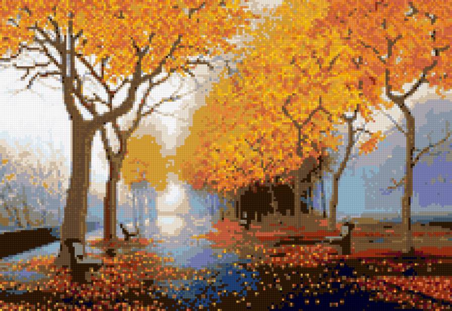 Осенняя аллея - город, лавочки, аллея, осень - предпросмотр