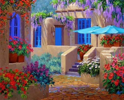 Яркий дворик - домик, цветы, пейзаж - оригинал