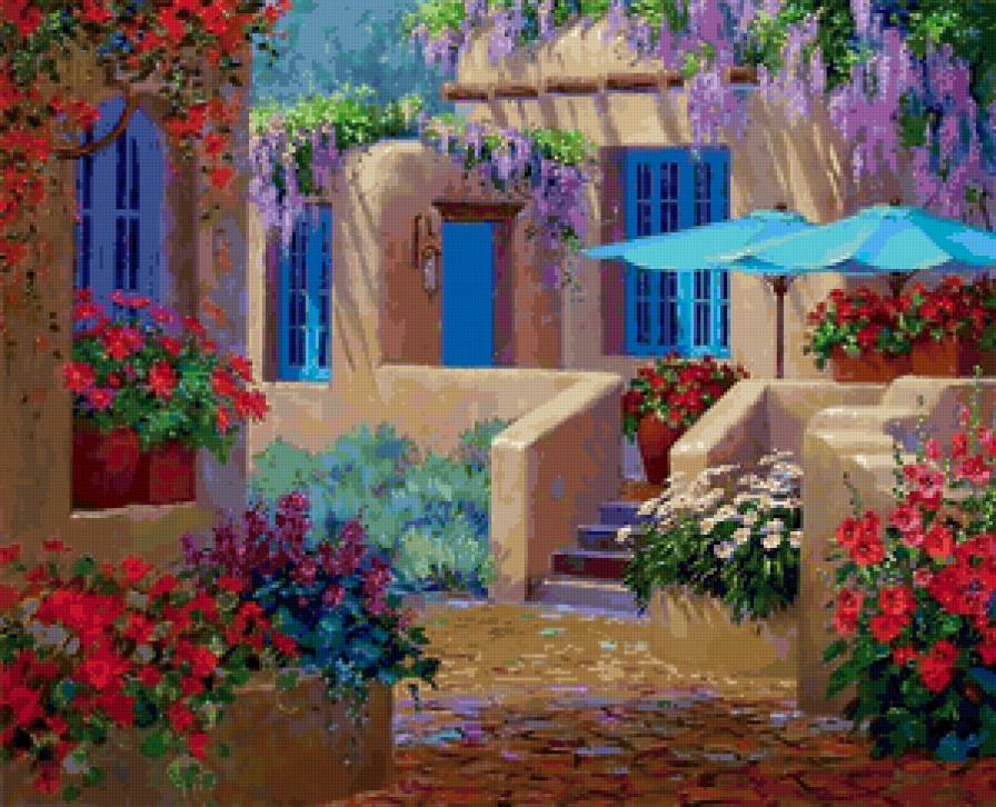 Яркий дворик - цветы, домик, пейзаж - предпросмотр