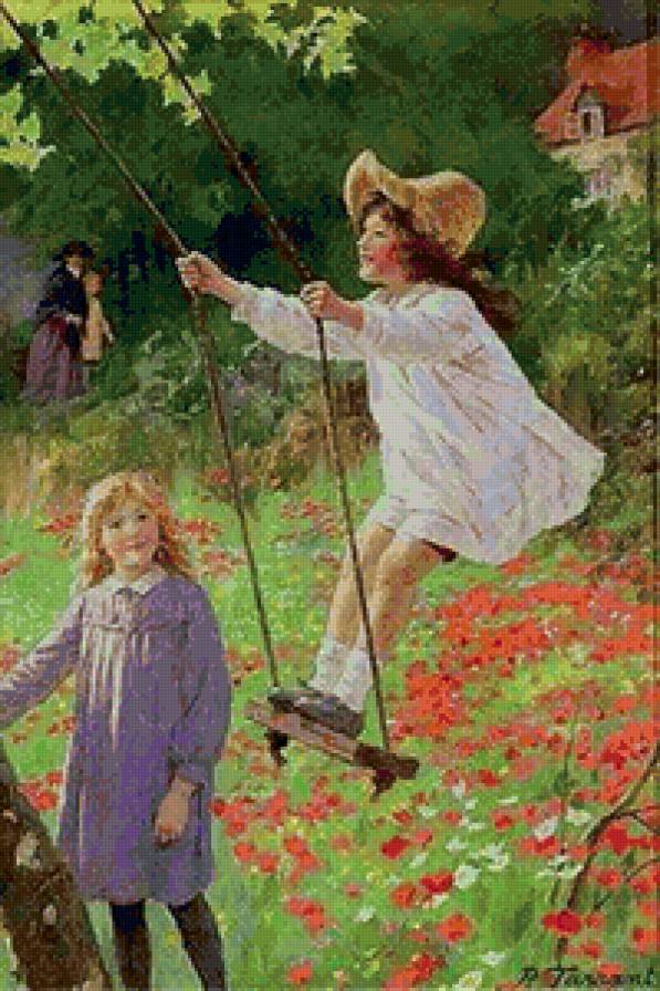 Веселые качели - домик, лето, дети, пейзаж, качели, люди - предпросмотр